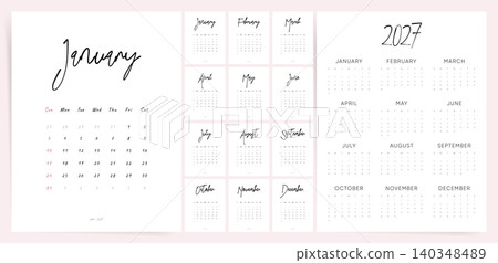 2027 calendar with Sunday start. Handwritten script wall planner, clean English monthly calendar 2027. 2027 calendar with Sunday start. Handwritten script wall planner, clean English monthly calendar 2027. 140348489