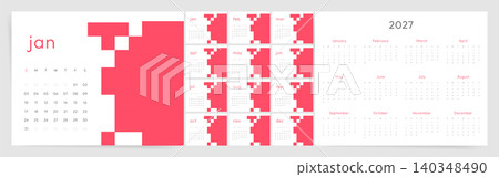 2027 calendar with Sunday start. Bright pink pixel style wall planner with English monthly layout. 2027 calendar with Sunday start. Bright pink pixel style wall planner with English monthly layout. 140348490