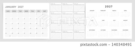 2027 calendar with Sunday start. Gray rounded grid wall planner, clean English annual business calendar for 2027 year. Sunday start. 2027 calendar with Sunday start. Gray rounded grid wall planner, clean English annual business calendar for 2027 year. Sunday start. 140348491