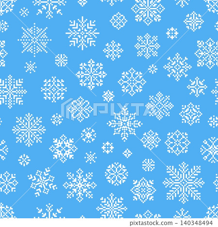 White pixel art snowflakes seamless pattern. Snowfall, winter seasonal, christmas and new year holidays print for wrapping, fabric, vector background White pixel art snowflakes seamless pattern. Snowfall, winter seasonal, christmas and new year holidays print for wrapping, fabric, vector background 140348494