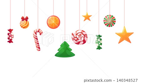 Cartoon sweets hang on ropes. Christmas candies banner, New Year tasty decoration. Seasonal candy, lollipops xmas tree, stars, swirl, vector background Cartoon sweets hang on ropes. Christmas candies banner, New Year tasty decoration. Seasonal candy, lollipops xmas tree, stars, swirl, vector background 140348527