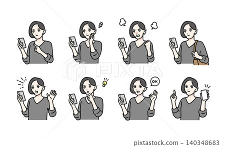一組適合年輕女性手持智慧型手機的姿勢。 一組適合年輕女性手持智慧型手機的姿勢。 140348683