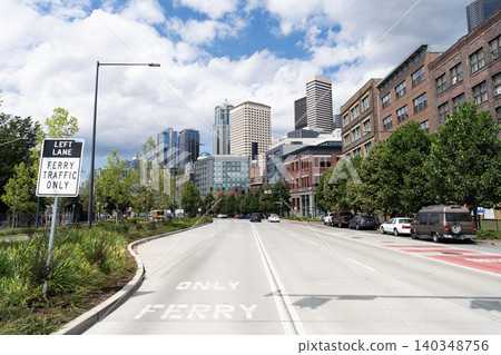 Seattle, Washington, USA, July 26, 2024: City road to Seattle. Travel destination. Cityscape with urban landscape. Road way on the street. Destination route of Seattle city. Urban cityscape 140348756
