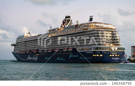 Miami, Florida, USA - November 01, 2024: Mein Schiff 2 cruise ship voyage. Cruise in summer vacation. TUI Cruises. Cruise ship tour and travel at sea. Ship leaving Miami beach port 140348795