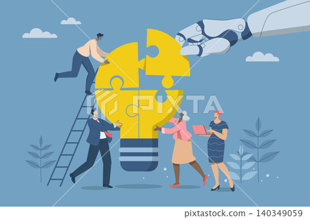 Collaboration of personnel with artificial intelligence or AI, New innovation development, Symbol of teamwork with AI, Businessmen work together to complete a light bulb jigsaw puzzle. Vector design. Collaboration of personnel with artificial intelligence or AI, New innovation development, Symbol of teamwork with AI, Businessmen work together to complete a light bulb jigsaw puzzle. Vector design. 140349059