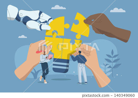 Teamwork with AI, Collaboration of personnel with artificial intelligence, New innovation development, Big hands work with robots to complete light bulb jigsaw puzzles. Vector design illustration. Teamwork with AI, Collaboration of personnel with artificial intelligence, New innovation development, Big hands work with robots to complete light bulb jigsaw puzzles. Vector design illustration. 140349060