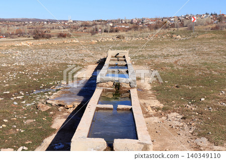 View of the town and water flowing from the shepherd's fountain. Kiziloren Town Konya Turkey View of the town and water flowing from the shepherd's fountain. Kiziloren Town Konya Turkey 140349110