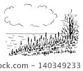Hand-drawn simple vector sketch with black outline. Landscape, nature, overgrown shore of a wild lake, reeds, grass, tree, water. Cloud with an empty place for an inscription. Game hunting, fishing. 140349233
