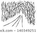 Hand-drawn simple vector sketch with black outline. Landscape, nature, road, path through a dense, overgrown forest, alley of dark trees, tunnel, light at the end. 140349251