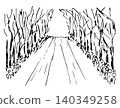 Hand-drawn simple vector illustration in black outline. Empty road, path, walk in the park, perspective, alley of trees, forest wilds, tunnel, light at the end. Sketch in ink. 140349258