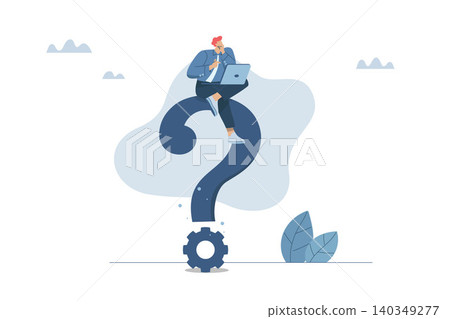 Many organizational questions, Learning to solve problematic questions in business work, Thinking process or analyzing business answers, Businessman with laptop sitting on big question mark. Many organizational questions, Learning to solve problematic questions in business work, Thinking process or analyzing business answers, Businessman with laptop sitting on big question mark. 140349277