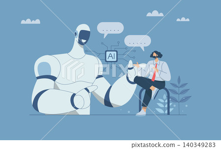 Chatbot AI online communication, Automated text or voice conversations, Robot answer customer questions in chatbot services, Collaboration between humans and artificial intelligence.Vector design. Chatbot AI online communication, Automated text or voice conversations, Robot answer customer questions in chatbot services, Collaboration between humans and artificial intelligence.Vector design. 140349283
