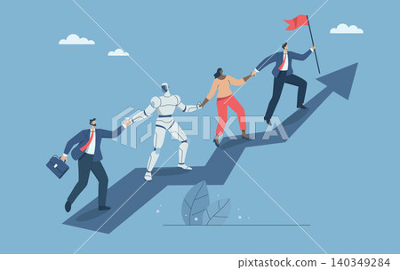 Collaboration between humans and artificial intelligence or AI, Corporate technology development, Investment growth, Businessmen and robots are climbing up a soaring arrow. Vector design illustration 140349284