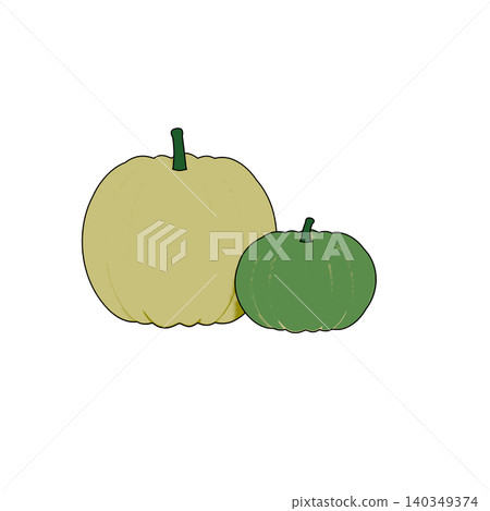 An illustration of two pumpkins, one light yellow and one green, cut out from a transparent background. An illustration of two pumpkins, one light yellow and one green, cut out from a transparent background. 140349374