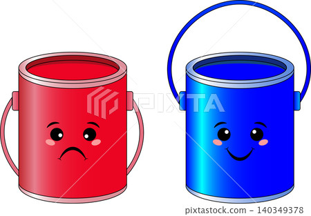 Cute cartoon paint buckets vector illustration with funny sad red and happy blue character faces isolated on white background 140349378