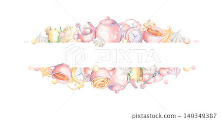 Watercolor template for tea-themed text. A hand-drawn pink tea set with roses and meringues in a coquettish style. An isolated rectangular frame is perfect for a shop name, design, print Watercolor template for tea-themed text. A hand-drawn pink tea set with roses and meringues in a coquettish style. An isolated rectangular frame is perfect for a shop name, design, print 140349387