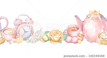 A seamless watercolor border featuring a tea party. A hand-drawn pastel-colored tea set in a coquettish style. Isolated alarm clock, meringue, rose, and cappuccino are perfect for design and print. 140349389