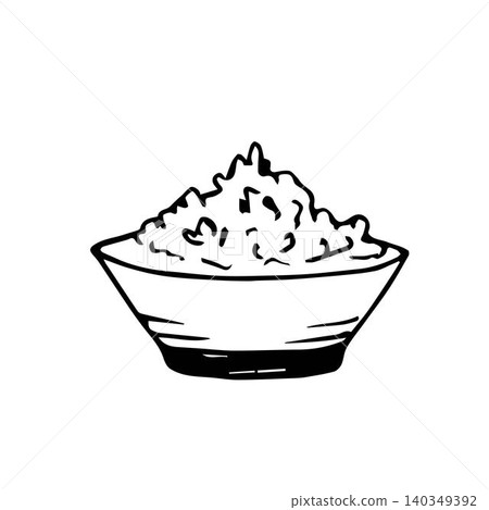 Hand-drawn simple vector illustration in black outline. Porridge, a bowl of boiled rice, side dish, healthy foods. Cooking, label, cafe, recipe, menu. Hand-drawn simple vector illustration in black outline. Porridge, a bowl of boiled rice, side dish, healthy foods. Cooking, label, cafe, recipe, menu. 140349392