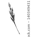 Hand-drawn simple vector sketch in black outline. Spikelet of rice, herbs, inflorescence, cereal, organic plant cultivation, seasonal harvest agriculture. Food, bread, flour. For label, shop, market. 140349431