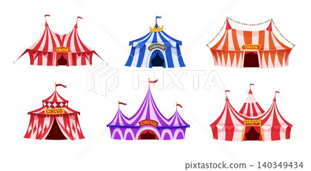 Circus tents. Big striped marquee, fair circus show dome retro carnival vintage amusement park festival canopy tent with red stripes flags cartoon qualitative vector illustration 140349434