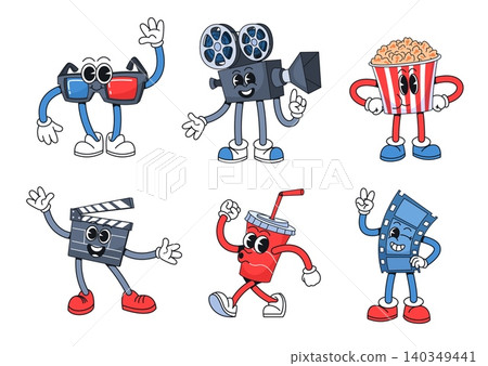 Cartoon cinema characters. Movie theater mascots, video camera groovy comic character vintage films production pop corn bucket retro 3d glasses, qualitative vector illustration Cartoon cinema characters. Movie theater mascots, video camera groovy comic character vintage films production pop corn bucket retro 3d glasses, qualitative vector illustration 140349441