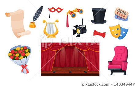 Drama theater elements. Theatre items, actor actress dramatic comedy mask theatrical performance stage tickets flowers musical opera glasses cartoon qualitative vector illustration Drama theater elements. Theatre items, actor actress dramatic comedy mask theatrical performance stage tickets flowers musical opera glasses cartoon qualitative vector illustration 140349447