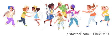 Dancing children. Kid dance music party, school happy child group fun performance little dancer boy toddler girl friends playing jumping together cartoon classy vector illustration 140349451