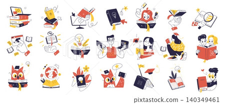 Book education people. People read books or ebook online school library or college, distance learn home study business literature university course, set classy vector illustration Book education people. People read books or ebook online school library or college, distance learn home study business literature university course, set classy vector illustration 140349461