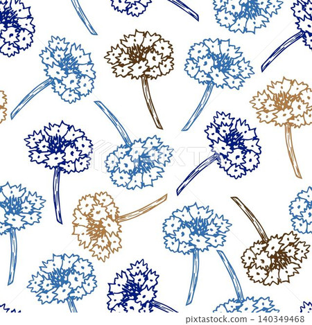 Delicate floral vector seamless pattern in rural style. Hand-drawn blue, brown outline flowers of knapweed on a white background. For prints of fabric, textile products, packaging, paper, clothing. Delicate floral vector seamless pattern in rural style. Hand-drawn blue, brown outline flowers of knapweed on a white background. For prints of fabric, textile products, packaging, paper, clothing. 140349468