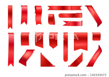 Realistic red ribbon tags. 3d bookmark tag, silk flag ribbons sale promotion price label design advertising new offer discount badge corner sticker frame exact vector illustration Realistic red ribbon tags. 3d bookmark tag, silk flag ribbons sale promotion price label design advertising new offer discount badge corner sticker frame exact vector illustration 140349473