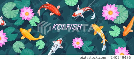 Koi fish pond. Swimming japanese carp in garden lake with lotus above lily top view, nishikigoi swim river pool water traditional asian lucky zen symbol neat vector illustration 140349486