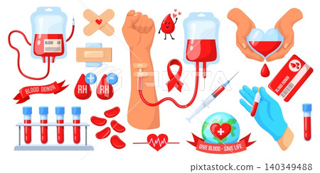 Blood donation concept. Donor hand red drop donate transfusion, volunteer give heart medical injection bag save emergency health care world day hospital neat vector illustration Blood donation concept. Donor hand red drop donate transfusion, volunteer give heart medical injection bag save emergency health care world day hospital neat vector illustration 140349488