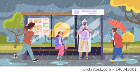 Rainy bus stop. People with umbrella rain weather bad day, city wet street road traffic woman man pavement public transport station storm shelter puddle classy vector illustration Rainy bus stop. People with umbrella rain weather bad day, city wet street road traffic woman man pavement public transport station storm shelter puddle classy vector illustration 140349501