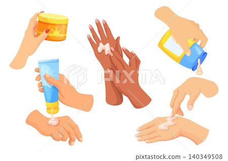 Hands applying lotion. Female hand apply sunscreen spf cream woman arm hold moisturizer skin care cosmetic scrub ointment tube body wash sunburn protection neat vector illustration Hands applying lotion. Female hand apply sunscreen spf cream woman arm hold moisturizer skin care cosmetic scrub ointment tube body wash sunburn protection neat vector illustration 140349508