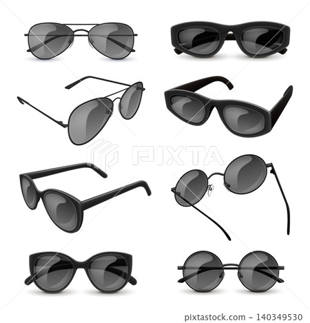 Realistic black sunglasses. Plastic metal sunglasses, aviator vintage design summer vacation sun glasses fashion spectacles lens reflection 3d sunglass garish vector illustration Realistic black sunglasses. Plastic metal sunglasses, aviator vintage design summer vacation sun glasses fashion spectacles lens reflection 3d sunglass garish vector illustration 140349530