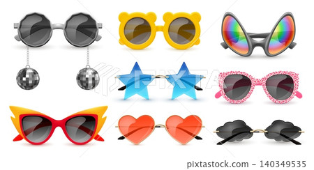 Realistic party sunglasses. Carnival funny glasses, isolated goggles eye wear sun beach festive accessory star round shape glitter costume mask 3d set garish vector illustration Realistic party sunglasses. Carnival funny glasses, isolated goggles eye wear sun beach festive accessory star round shape glitter costume mask 3d set garish vector illustration 140349535