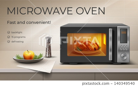 Microwave oven poster. Realistic smart oven ad banner, 3d modern kitchen home appliance cook chicken food steel electric stove digital display background garish vector illustration 140349540