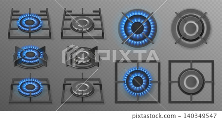 Realistic gas hob. Kitchen stove burners with lit off hobs blue fire flame, oven ring cooker natural gas propane home kitchen cooking hot 3d cooktop set garish vector illustration 140349547
