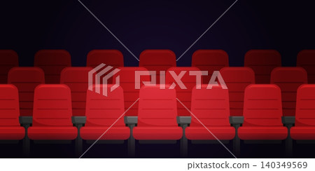 Cinema hall chairs. Movie theater hall red armchairs front view, empty auditorium room interior seats row for looking film concert tv, cartoon background kicky vector illustration 140349569