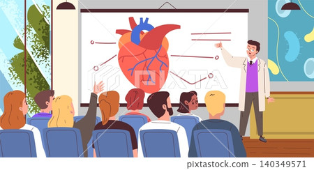 Medical lecture audience. Doctor education training classroom students auditorium, healthcare seminar physician school learning health science conference classy vector illustration Medical lecture audience. Doctor education training classroom students auditorium, healthcare seminar physician school learning health science conference classy vector illustration 140349571