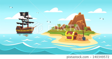 Pirate island. Pirates ship wreck tropical beach palms caribbean ocean, treasure chest sand old boat sea summer shipwreck adventure cartoon background classy vector illustration Pirate island. Pirates ship wreck tropical beach palms caribbean ocean, treasure chest sand old boat sea summer shipwreck adventure cartoon background classy vector illustration 140349572