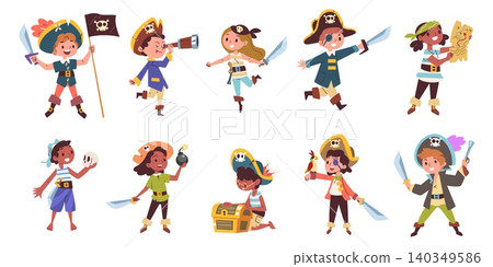 Children pirates. Kids corsairs carnival costume, cartoon child pirate dress cute characters captain hook hat caribbean sailor treasure map sea adventure classy vector illustration Children pirates. Kids corsairs carnival costume, cartoon child pirate dress cute characters captain hook hat caribbean sailor treasure map sea adventure classy vector illustration 140349586