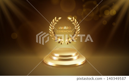 Golden award podium. 3d gold trophy awards ceremony stage, winner platform victory prize star win celebration pedestal luxury reward background realistic exact vector illustration Golden award podium. 3d gold trophy awards ceremony stage, winner platform victory prize star win celebration pedestal luxury reward background realistic exact vector illustration 140349587