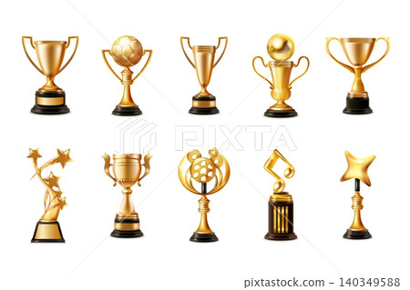 Realistic golden cup. 3d gold cups, winner award prize trophy soccer champion sport team win music movie competition luxury star victory awards isolated exact vector illustration Realistic golden cup. 3d gold cups, winner award prize trophy soccer champion sport team win music movie competition luxury star victory awards isolated exact vector illustration 140349588