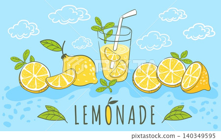 Doodle lemonade background. Hand drawn lemon juice in glass, ice summer drink jar mint leaves fresh soda beverage cup lemon citrus fruit slice cartoon neat vector illustration Doodle lemonade background. Hand drawn lemon juice in glass, ice summer drink jar mint leaves fresh soda beverage cup lemon citrus fruit slice cartoon neat vector illustration 140349595