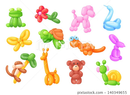 Balloon animals. Inflatable balloons animal shape, birthday party sculpture toy dog pet cute model butterfly flower monkey turtle swan rabbit cartoon set neat vector illustration 140349655