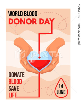 Blood donation poster. Donor world day concept flyer, volunteer hand donate blood bag transfusion leukemia hemophilia awareness red drop heart life save, neat vector illustration 140349657