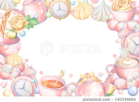 A watercolor rectangular frame with a tea theme. Tea, coffee, and sweets serve as templates for text, prints, design, menus, packaging. Isolated pink elements are hand-painted in a coquettish style. A watercolor rectangular frame with a tea theme. Tea, coffee, and sweets serve as templates for text, prints, design, menus, packaging. Isolated pink elements are hand-painted in a coquettish style. 140349668