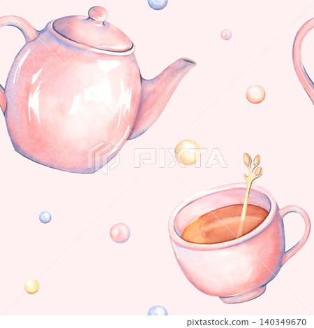 A hand-drawn watercolor seamless pattern with a tea theme. A teapot, a mug with tea and a spoon, and beads on a pink background. A lovely background for prints, design, advertising, and menus. A hand-drawn watercolor seamless pattern with a tea theme. A teapot, a mug with tea and a spoon, and beads on a pink background. A lovely background for prints, design, advertising, and menus. 140349670