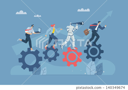 Working together with artificial intelligence, Discovering new opportunities with the support of AI, Driving the concept of efficient work processes, Business teams and robots drive gears together. Working together with artificial intelligence, Discovering new opportunities with the support of AI, Driving the concept of efficient work processes, Business teams and robots drive gears together. 140349674